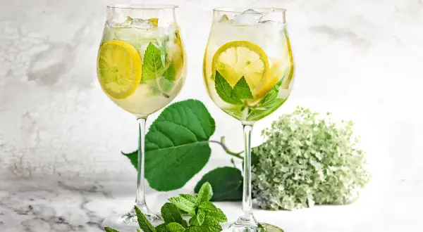 Dwa orzeźwiające drinki z cytryną i miętą, idealne na upalne dni. To może być pyszne hugo wino niemieckie.