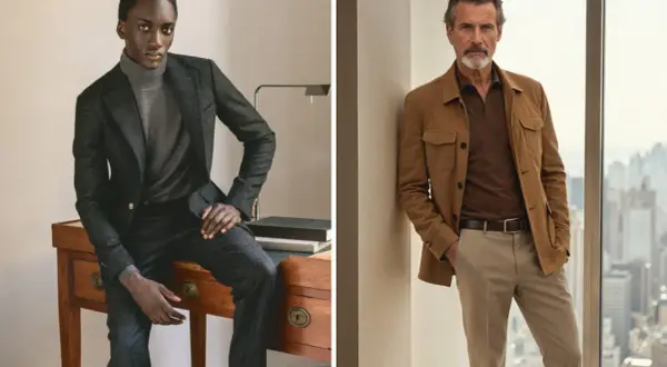 Deux hommes incarnent le style casual chic. L'un porte un costume gris anthracite avec un col roulé, l'autre une veste saharienne marron sur un polo.