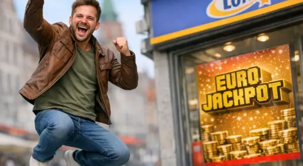 Szczęśliwy mężczyzna skacze z radości przed punktem Lotto. Reklama Eurojackpot informuje, dlaczego kumulacja Eurojackpot zatrzymuje się na 120 milionach euro.