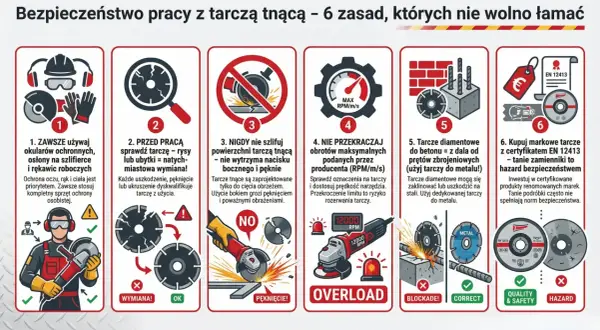 Grafika przedstawia 6 zasad bezpiecznej pracy z tarczą tnącą. Pokazuje m.in. konieczność używania okularów, sprawdzania stanu tarczy, unikania szlifowania nią, przestrzegania obrotów, używania odpowiedniej tarczy do materiału i kupowania certyfikowanyc...