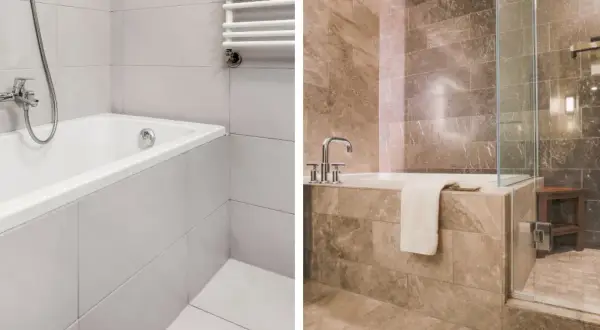 Carrelage clair autour d'une baignoire blanche à gauche, et carrelage marron élégant autour d'une baignoire à droite, avec une douche vitrée.