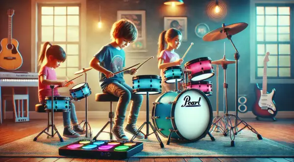 Dzieci grają na perkusji, tworząc muzykę. W tle gitara i keyboard. To wspaniały zestaw instrumentów dla dzieci.