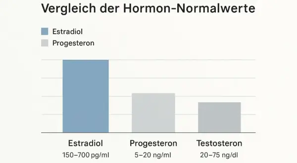 Wykres porównuje poziomy hormonów: estradiol (150-700 pg/ml), progesteron (5-20 ng/ml) i testosteron (20-75 ng/dl).