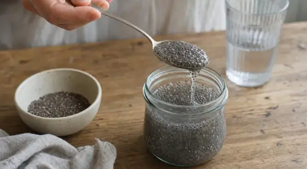 Mano versa semi di chia in un barattolo, creando una sostanza gelatinosa. Attenzione, i semi di chia possono essere pericolosi se non idratati.