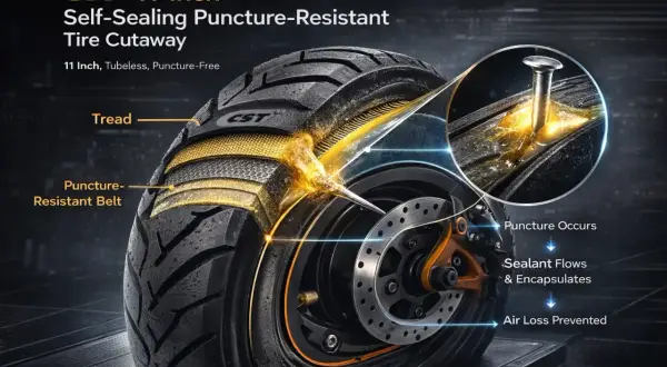 Coupe d'un pneu tubeless voiture CST 11 pouces auto-réparant. Un clou perce le pneu, le liquide scelle la crevaison.
