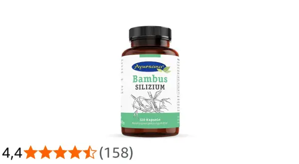 Braune Dose mit Ayursana Bambus Silizium Kapseln. Die positive Wirkung von Bambus Silizium für Haut und Haare wird oft hervorgehoben.
