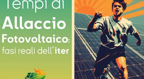 Tempi di allaccio fotovoltaico: un ragazzo corre verso il sole tra pannelli solari, simboleggiando l'energia pulita e il futuro.