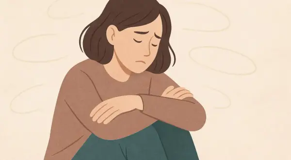 Ragazza triste con braccia incrociate, forse con scarsa autostima colpa dei genitori. Sfondo chiaro con forme ovali.