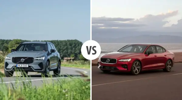 Szary Volvo XC60 na krętej drodze kontra czerwone Volvo S60 nad morzem.