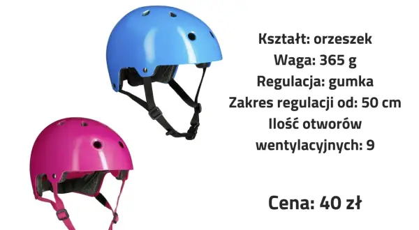 Dwa kaski dziecięce: niebieski i różowy, z widocznymi paskami i otworami wentylacyjnymi.