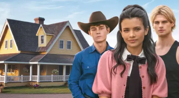 Tre unga vuxna framför ett gult hus, kanske en ny vändning i my life with the walter boys season 2.