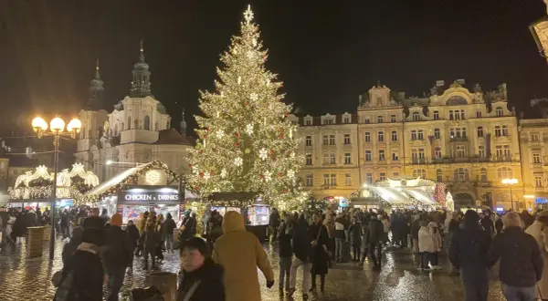 Ein festlich beleuchteter Weihnachtsbaum auf dem Prager Weihnachtsmarkt, umgeben von Buden und Menschen.