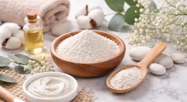 Kaolin co to? Biała glinka w misce i na łyżce, obok kosmetyków i ręcznika.
