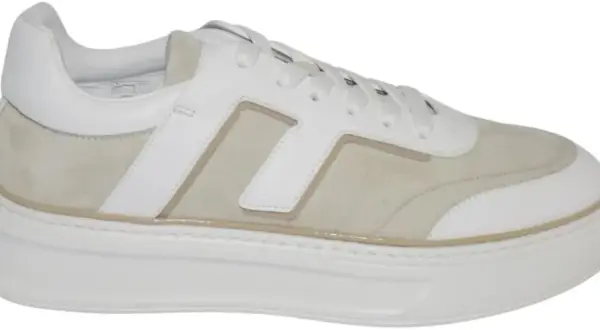Sneakers uomo FABI bianche e beige in pelle e camoscio, con logo a H. Stile casual ed elegante.