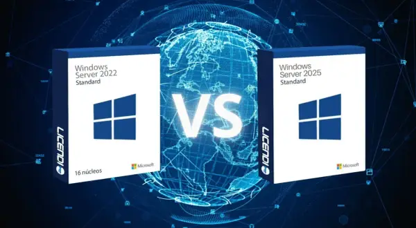 Cajas de Windows Server 2022 y Windows Server 2025 Standard frente a un globo terráqueo digital.
