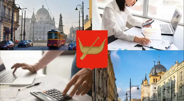 Łódź: tram, budynki, herb miasta i osoby pracujące z dokumentami i kalkulatorem.