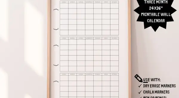 Calendario trimestral de pared imprimible, 24x36 pulgadas, ideal para planificar tus meses.