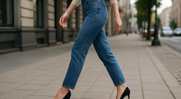 Kobieta w niebieskich jeansach i czarnych szpilkach idzie chodnikiem.