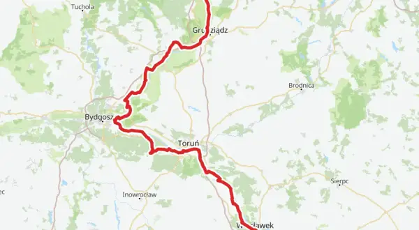 Mapa z zaznaczoną trasą rowerową wzdłuż Wisły, od Grudziądza przez Toruń do Włocławka. To fragment wiślanej trasy rowerowej Kujawsko-Pomorskie.