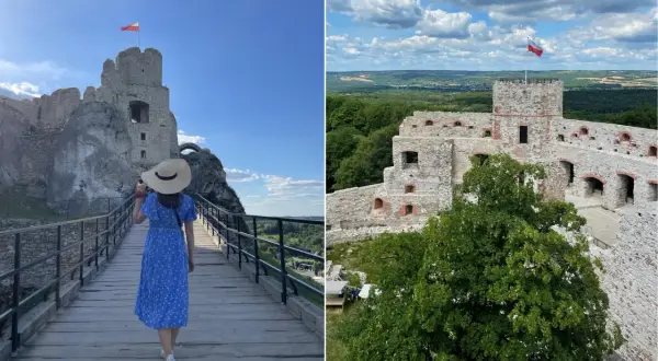 Spacer po malowniczych zamkach w okolicy Krakowa. Ruiny zamku na skale, z polską flagą na wieży, otoczone zielenią.