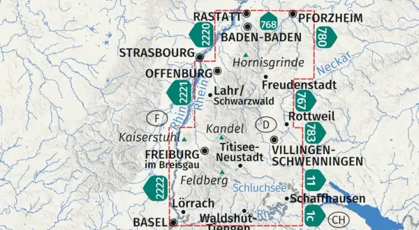 Carte touristique de la Forêt-Noire avec villes, routes et rivières.