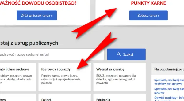 Dwa czerwone strzałki wskazujące na sekcje "Punkty karne" i "Kierowcy i pojazdy".