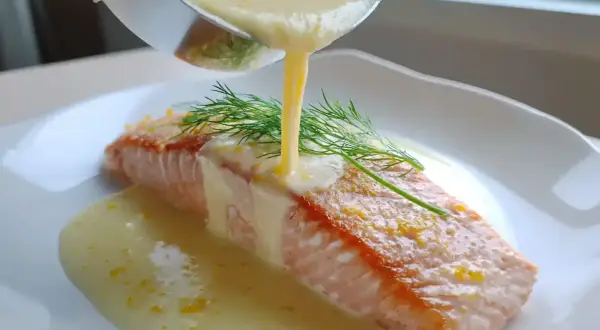 En saftig laxfilé toppas med en krämig sås, som ser ut att vara en härlig lemon curd. Dillkvisten ger en fin touch.