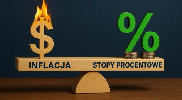 Waga pokazuje, kto ustala stopy procentowe: płonący dolar (inflacja) kontra procent na monetach (stopy procentowe).