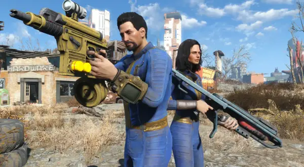Dos supervivientes con trajes azules de Vault-Tec, armados y listos para la acción en un páramo postapocalíptico. ¡Los **códigos Fallout 4** podrían ser su única esperanza!