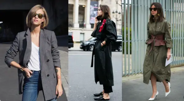 Kobiety w stylizacjach oversize: szary żakiet, czarny płaszcz z czerwonym akcentem, oliwkowa sukienka z szerokim pasem.
