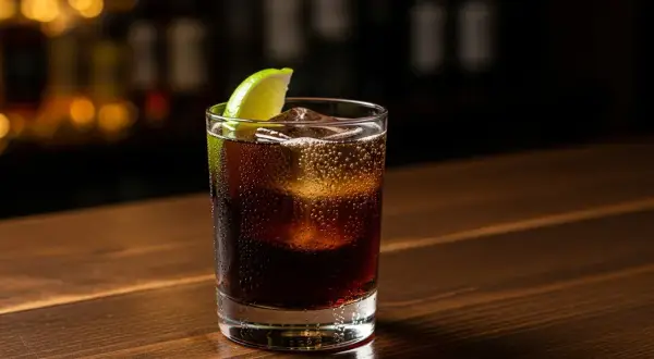 Ett glas rom och cola med is och lime på en träbar.