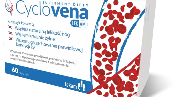Opakowanie suplementu diety Cyclovena z czerwonymi krwinkami. Wspiera lekkość nóg i krążenie żylne.