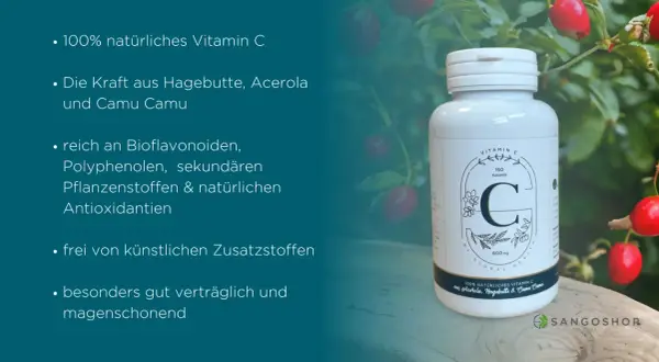 Flasche mit 100% natürlichem Vitamin C aus Acerola, Hagebutte & Camu Camu. Reich an Antioxidantien, magenschonend.