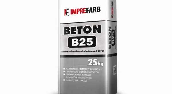 Worek z suchą mieszanką betonową B25 Imprefarb. Idealne proporcje betonu do budowy, napraw i elementów ogrodzeniowych. 25kg.