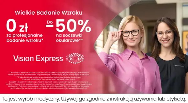 Dwie kobiety w okularach, promocja na badanie wzroku i soczewki w Vision Express.