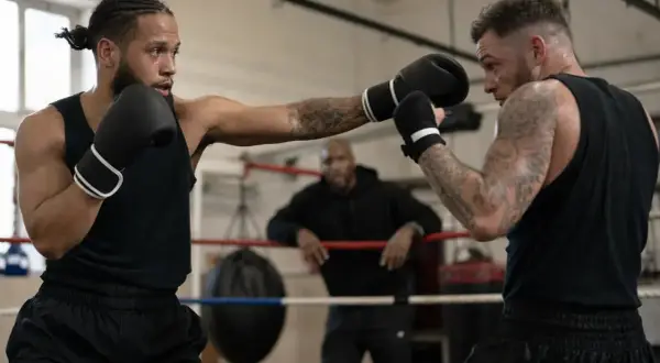 Two boxers spar in a ring, one throwing a jab, demonstrating how to counter punch. A coach watches from the background.