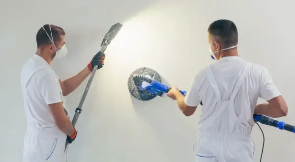 Deux ouvriers en combinaison blanche utilisent des ponceuses pour mur. L'un ponce le haut du mur, l'autre le centre.