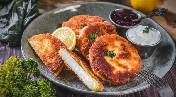 Kohlrabi mal anders: knusprig panierte Kohlrabi-Scheiben mit Dip und Beerensoße. Ein Genuss für alle Sinne!