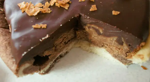 Une part de tarte au chocolat gourmande, avec une ganache onctueuse et des éclats croustillants sur le dessus.