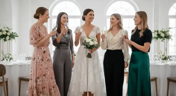 Fünf Frauen stoßen mit Champagner an. Die Braut in Weiß hält einen Blumenstrauß. Ein lässiger Chic für die Hochzeit.