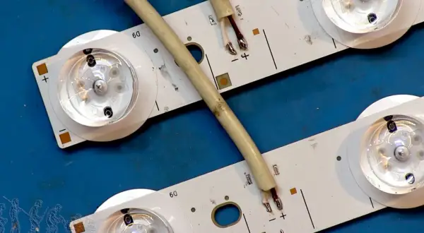 Tiras de LED listas para reemplazar un tubo fluorescente. Cables conectados a los puntos de soldadura positivo y negativo.