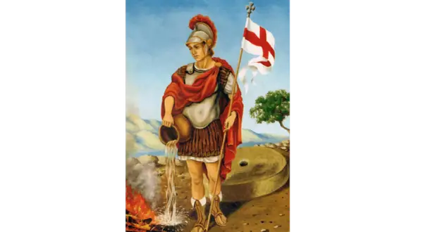 Św. Florian, patron strażaków, gasi płomienie wodą z dzbanka, symbolizując swoją odwagę i pomoc w obliczu ognia.