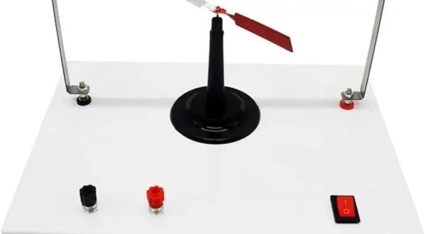 Ein Experimentaufbau für den Oersted-Versuch mit einem drehbaren Zeiger, der auf elektrische Ströme reagiert.