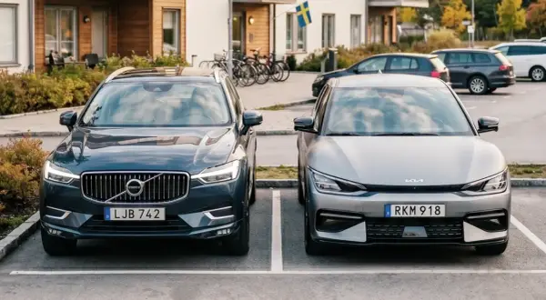 Två elbilar, en Volvo och en Kia, parkerade framför ett modernt hus. Kanske redo för en resa med klimatbonus elbil.