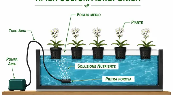 Sistema idroponico con piante in vasi a rete immersi in soluzione nutriente. Pompa aria e pietra porosa ossigenano l'acqua, favorendo la crescita sana delle piante.