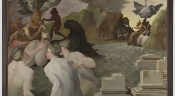 Ulysse navigue entre Charybde et Scylla. Des figures nues luttent dans les eaux agitées, tandis qu'un navire est pris dans un tourbillon menaçant.