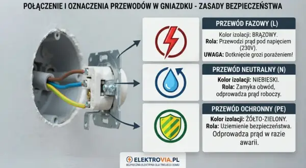 W gniazdku widać przewody: brązowy (fazowy), niebieski (neutralny) i żółto-zielony (ochronny).