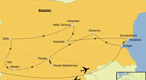 Karte mit einer **Bulgarien Route**, die Sofia, Veliko Tarnovo, Kazanlak, Plovdiv, Nessebar und Burgas verbindet. Flugzeuge deuten auf An- und Abreise hin.
