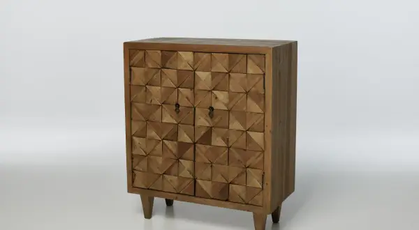 A rustic wooden cabinet with a geometric patterned door, showcasing one of the many types of furniture cabinets available.