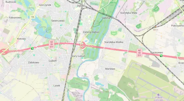 Mapa okolic Poznania z zaznaczoną autostradą A2, gdzie znajduje się odcinkowy pomiar prędkości.